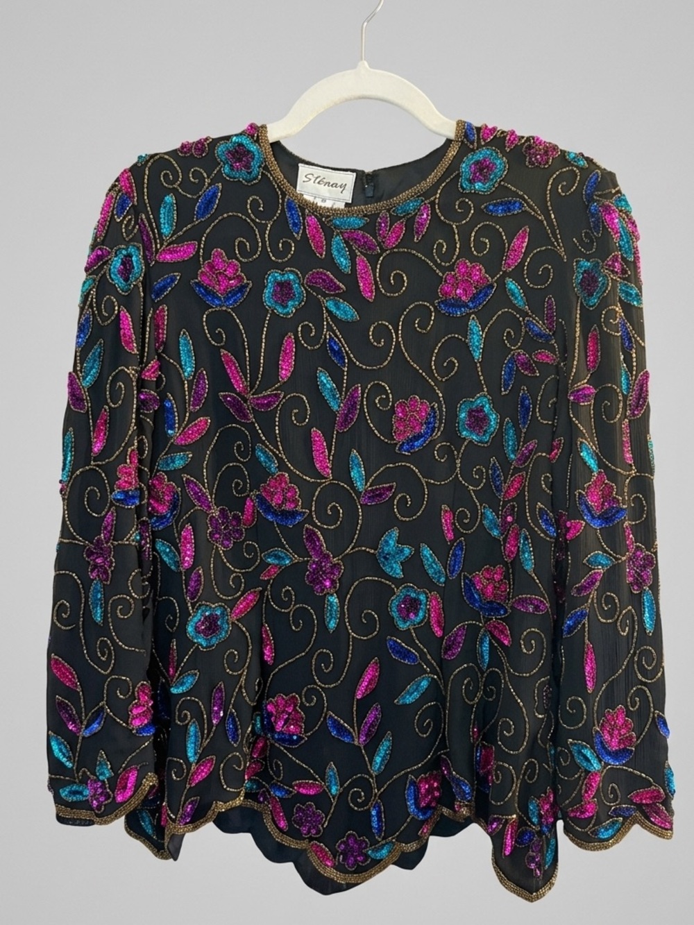 STENAY SILK BEADED LONG SLEEVE TOP PINK AND TEAL SCALLOPED HEM
